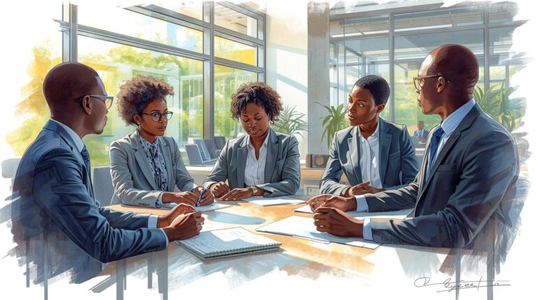 A modern consulting office in bright natural light, African professionals in smart business attire training, ultra-realistic