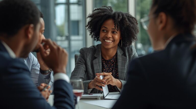 Client training boardroom discussion in well lit office African professionals (1)