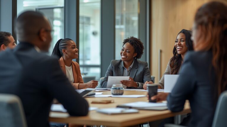 Client training boardroom discussion in well lit office African professionals