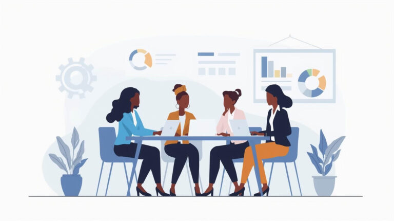 Illustration of four women seated in consulting training