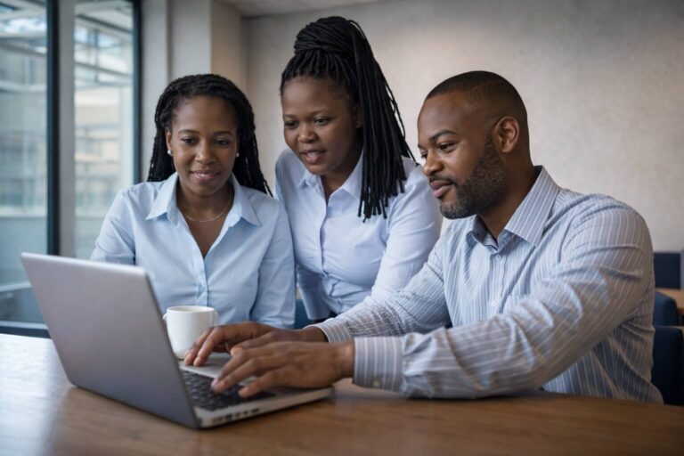 workers in office looking at laptop